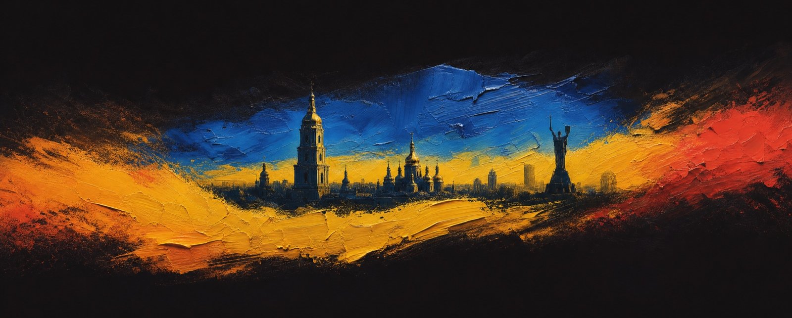 Painted brushstroke artwork of the Kyiv skyline in Ukrainian blue and yellow, blending into VideoHook orange and red